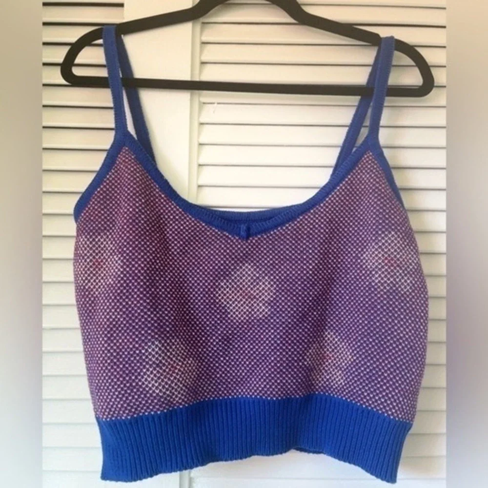 Knit Cropped Sweater Tank Cami Flowers Bright Blue‎ 90s Y2K Sz Small
